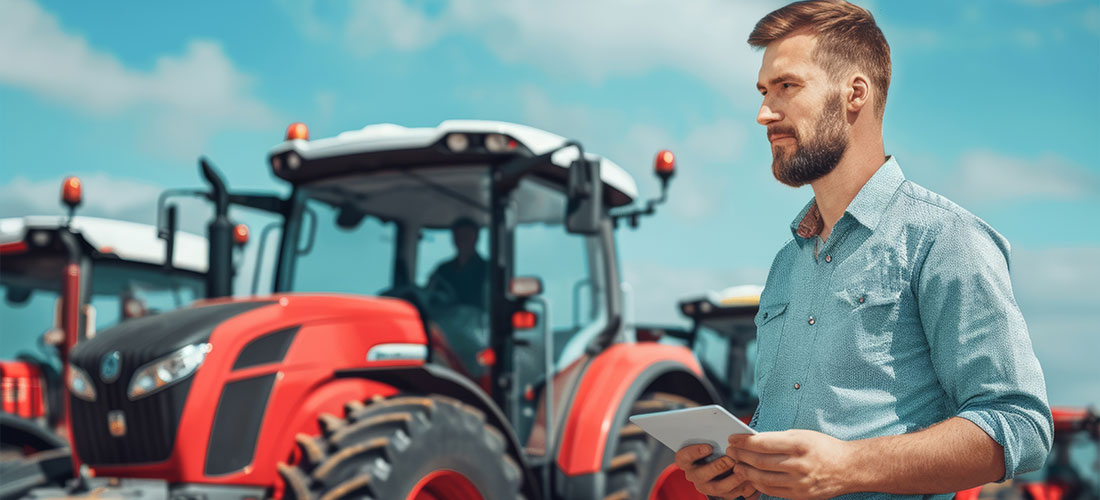 Um homem avalia novos tractores agrícolas enquanto utiliza um tablet digital num ambiente exterior ensolarado numa quinta